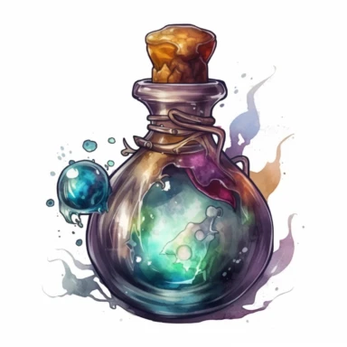 magical potion bottle, magical and mystical, video game style, clean and crisp, clipart, illustration, alchemical, smoke and embelishments, wizards potions, isolated on white background
