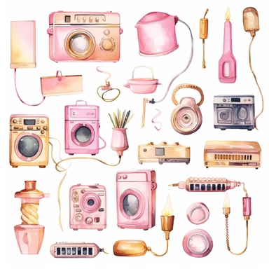 handpaint, gadget clipart,devices icon set, isolated white background, single design, sharp, bold , sweet pink, cream pastel, gold, hand-painted watercolor