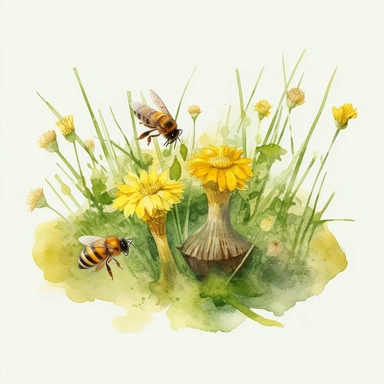 watercolor art of grass tuft with dandelions, honey bees, mushrooms, in the style of realistic and hyper-detailed renderings, sketchfab, ahmed morsi, realistic watercolor paintings, use of common materials, handcrafted designs clipart yellow and green with background removed