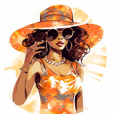 Fashion girl African American illustration clipart isolated white background, characterized by a vibrant sundress adorned with floral patterns, accompanied by a broad-brimmed sun hat with a lacy ribbon and oversized, heart-shaped sunglasses, set against a pristine white background, ambiance of the illustration suggests a carefree summer day with a whiff of retro nostalgia, Digital Art, vector graphic with emphasis on bold outlines and a splash of warm, pastel flat colors,