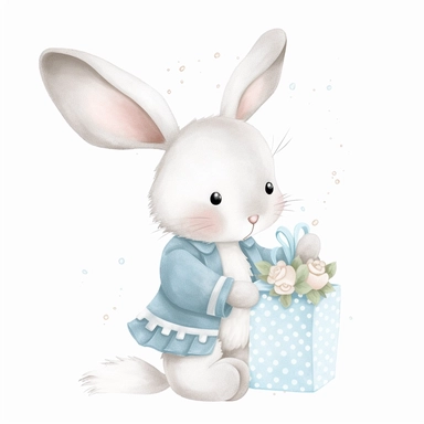 a shy baby Bunny with gifts Clipart, Peter rabbit, wearing a light blue coat covered in hearts, Nursery summer Clipart, Easter Clipart, summer Bunny, Crafting Digital Paper, Mother’s Day, white background