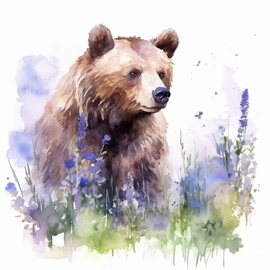 detailed watercolor clipart, photography style, beautiful bear, in a meadow, HDR, spring floral,self shadow, white background