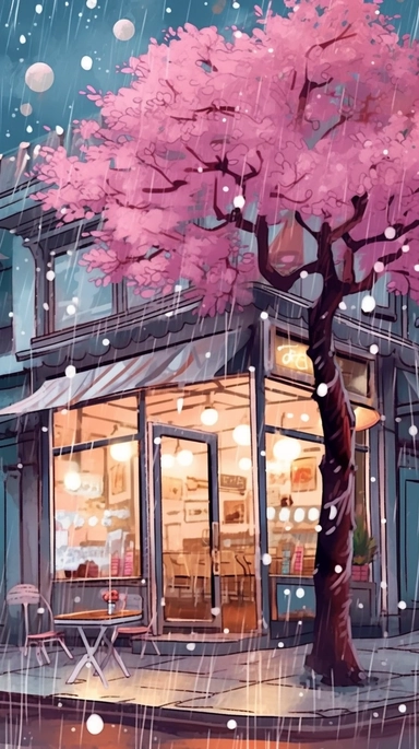 Very very cute and Whimsical quirky Jazzy coffee shop, building corner, cherry tree blossom, Raining colorful, Watercolored illustration in the style of Michael Powell, clipart, city vibe background - 8K