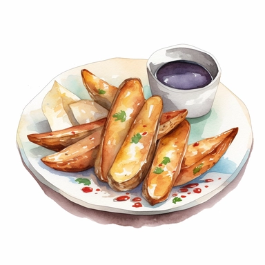Watercolor detailed illustration ofPotato wedges served with dipping sauce on a plate, clipart, white background