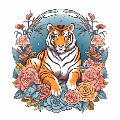 A retro illustration of sitting tiger surrounded with flowers and art nouveau details, professional clipart, beautiful summer color palette, inspired by sailor jerry tattoos, epic composition on white background, 8k