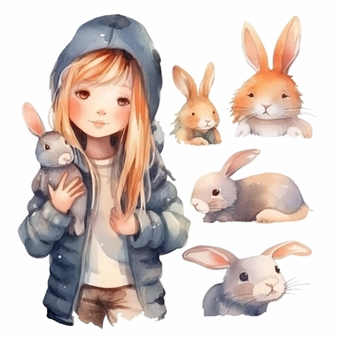 watercolor girl and a bunny, illustrations clipart set, simple, cartoon elements, different variants, separate elements with a margin