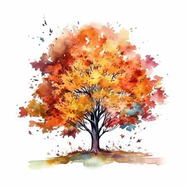 watercolor style, autumn tree in the part with falling leaves, clipart isolated on white background, 4K