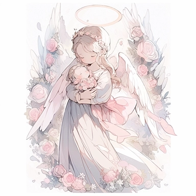 detailed illustration of mother angel holding baby, smile, flower splash, vintage design, realistic pastel colors, vector art, cute, fantasy art, love, detailed watercolor effect, digital paint, soft light, panoramic view, isometric style, vintage aesthetic, character focus, 4K resolution, no background, realistic rendering, use using Cinema 4D, isolated white background, logo style, clipart