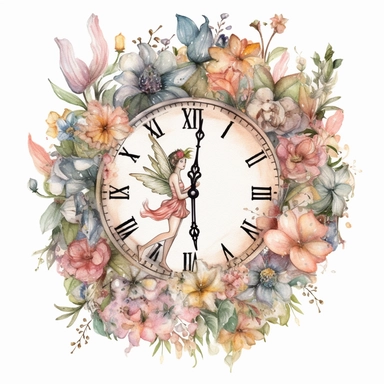 watercolor Floral Fairy Clock Clipart sublimation clipart graphic, full body, clipart, sticker, a single picture, one image in the frame--no text in the picture--