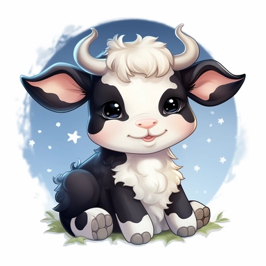 cute happy looking baby cow sleeping on a half moon, cartoon style clipart on white background