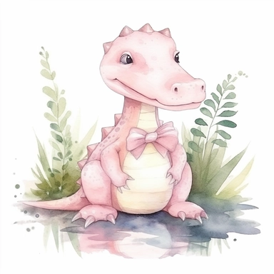 Nursery Watercolor Illustration clip art of cute pastel pink famale alligator walking on swamp water white background