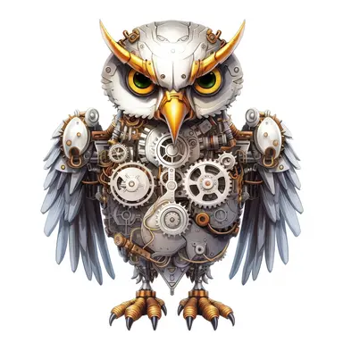 friendly eagle with big cute eyes, standing up, in the style of steampunk, clipart, white background, lots of cogs
