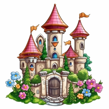 Sticker Clip Art of a medieval fairy tale castle, garden with flowers, illustrated in playful and realistic style, children friendly, perfect for any special occasion, cut out in the shape of a castle, children friendly, with no visible background, giving it the appearance of a sticker, edited with Adobe Photoshop to adjust brightness and contrast, rendered as a transparent PNG file with a high resolution to ensure a crisp and clear image with no pixelation, suitable for various applications suc