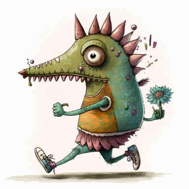 eccentric fantasy creature running a marathon, whimsical, cartoon style, hand drawn watercolor, clipart, intricate details,