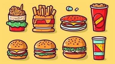 fast food vector clipart vector fast food cute collection, in the style of #screenshotsaturday, flat areas of color, flat color blocks, 1970–present, rough-edged 2d animation, lightbox, colorful animation stills