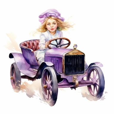 Watercolor Victorian baby girl in driving a purple ford t car from the era clipart , on a white background, Illustration clipart, 4K, extremely detailed