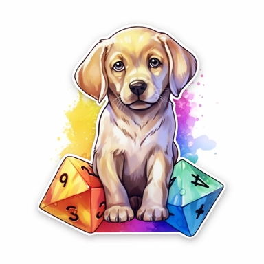 sticker with white border, on white background, hd, fantasy, dungeons and dragons, watercolor clipart, vibrant rainbow colors, classic disney style, playful and whimsical, cute Labrador puppy with dice