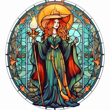 Vintage Colorful Beautiful Stained glass Witch Sublimation Clipart,Cartoon, hyper realistic, intricate detail, illustration style,high solution,on the white background