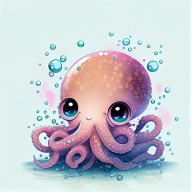 cute pink octopus with big head, big eyes with water bubbles, hand draw Illustration clipart, 4K, extremely detailed