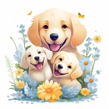 Cute floral illustration, realsitic adorable puppy hugging his parents happy clipart, nursery style clipart, Nursery Animals Art, Kids Wall Art, Kids Room Decor, Baby Room Decor, isolated on white, ultra - detailed, high quality, ghibli style, award winning