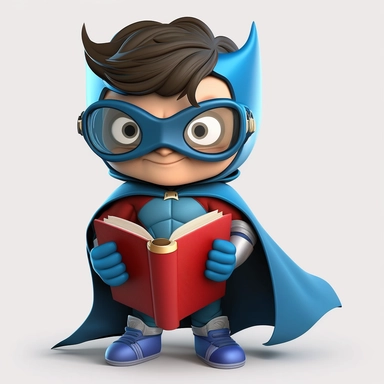full body happy, smiley and cute little superhero boy with eye mask and cape, looking directly at the camera, with a book in his hand, in clipart style