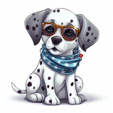 funny kawaii Dalmatian Puppy with Balenciaga sunglasses and cool bandana or necklaces, cute illustration, clipart, white backgound, Cuttable Design,full body