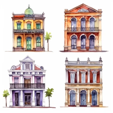 watercolor New Orleans French quarter style buildings, illustrations clipart set, simple, , cartoon elements ,different variants , separate elements with a margin