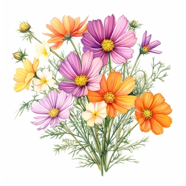 a bouquet of bright cosmos, color pencil sketch on a white background for clipart
