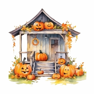 Watercolor style, halloween porch decorated with halloween pumpkins and other decorations, clipart, isolated on white background, detail, high quality, high resolution