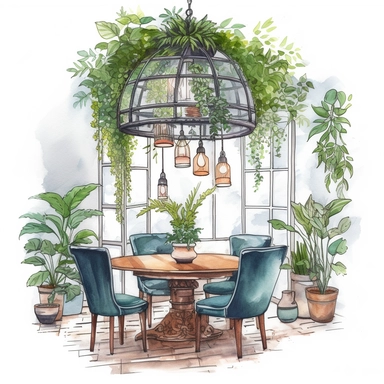 watercolor, hyper realistic, white background, white margins, 16k, ultra detailed clipart, cut out image, hand-drawn, whimsical a cozy dining room with a round table and mismatched chairs, surrounded by green plants and a hanging pendant light.