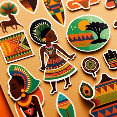 vibrant clipart stickers for Ankhara Designs that capture the vibrant and authentic spirit of African culture. The stickers should include a variety of elements, such as tribal patterns, animals, and symbols, that represent the diversity and richness of African heritage. Use bold and bright colors to make the stickers pop and give them a playful and joyful feel. Think about incorporating traditional African fabrics and textiles, such as kente, mud cloth, or Ankara prints, into the designs to fur