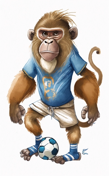cute light brown mandril standing on two legs en face, dressed as soccer player wearing blue football shirt and white football shorts, holding ball, watercolor clipart, cartoon, white solid background, no shadows, high details
