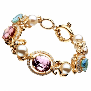generate a clipart depicting perfect gemstone bracelet with intricate details and a lustrous surface. slender and lightweight small gemstone swarovski charms top view for product sales sophisticated locking ornament S-hook clasp truly timeless elegance premium luxury AAA+ opal adularescence incorporating precious gemstone gold druzy treasure delightful expensive big very clearly baroque pearl luster organic forms gold plated fresh water pearls ornate seamless pattern photo realistic honestly rea