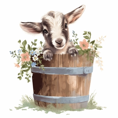 realistic watercolor cute baby goat sitting inside a wooden bucket with 2 feet on the edge peeking out, with flowers and grass around the outside surrounding of the bucket, solid white background, clipart