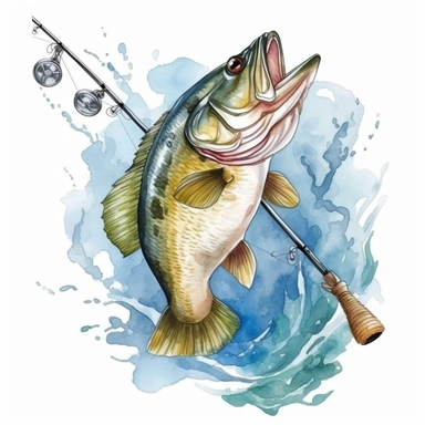 fishing rod And Bass Fish Watercolor Sublimation Clipart,Cartoon,hyper realistic, intricate detail, illustration style,high solution,on the white background