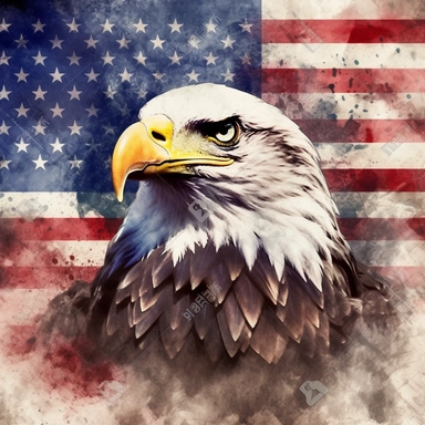 clipart American flag with a bald eagle flying, red white and blue, focus on texture, dark tones