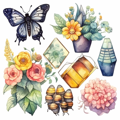 watercolor clipart of Colorful butterfly, Lucky ladybug, Flower bouquet (roses, tulips, daisies), Potted plants (herbs, sunflowers), Buzzing bees around a beehive. In the style of transparency and opacity, vividly bold designs, geometric shapes & patterns, realistic watercolor paintings, manapunk, handcrafted designs, colorful cartoon, soft colors , all items far from each other--ar 99:74