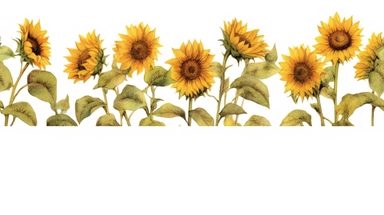 watercolour long row of sunflowers in a field clipart, hd, detailed, earth tones, white background, spaced out