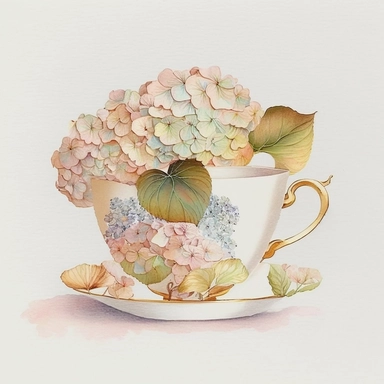 vintage teacup, pink pastel Hydrangeas inside, glitter around, white, gold, glitter, fantasy, realistic illustration, watercolor, by Dinara Mirtalipova, by Disney, by rifle paper co, bright and airy Colors, concept art, white background, clipart