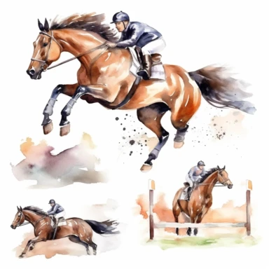 Watercolor horse racing , horse jumping over fence, illustrations clipart set, simple, white , cartoon elements, different variants , separate elements with a margin