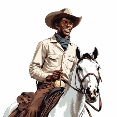 clipart, 1950s handome black man that is a cowboy on horse looking at camera smiling, inspired by the”Lone Ranger” 1950s comic book, white background,