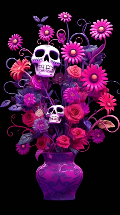 create a funny flowers bouquet, magenta and purple petals, as Halloween, bright green stem, black background, tiny purple bats flying around the flowers, and some tiny funny Catrina skulls for Halloween over emery flower, clipart,