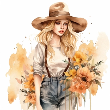 Country Girl Watercolor, Boho Girls clipart, Digital Watercolor Illustration Girl, Girl Flowers Clipart, Watercolor Fashion Girl