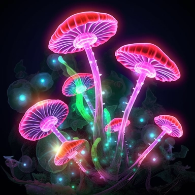 Pink High-Resolution magic Mushrooms, Fantasy clipart, neon lights, roses, lotuses , clear patterns with high colour variation, leafs, hearts, stars shining , light green colour, fancy colours