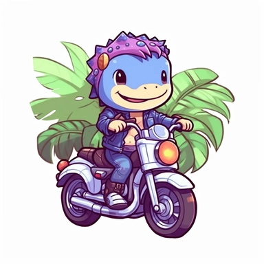 Create a clipart of a cute dinosaur in a leather jacket riding a motorcycle. Vibrant and lively colors. Kawaii style. Jungle trees before a White Background, soft lighting.