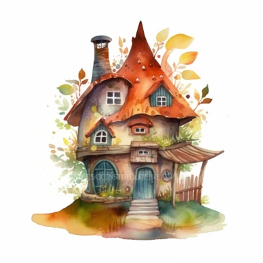 watercolor clipart of a tiny elf house with small details, vibrant colors, magical, mystical, celestial, high quality watercolor image on white background