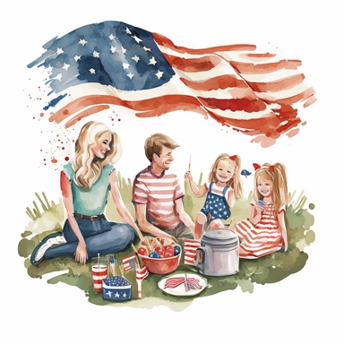 A clipart of a family having a picnic with the American flag in the background , Watercolor, Clipart, transparent background PNG