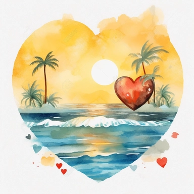 Retro Beach, Beach Heart, Sunshine, Watercolor beach heart clipart, hd, on white background, spaced out ar 3:2-- s1000