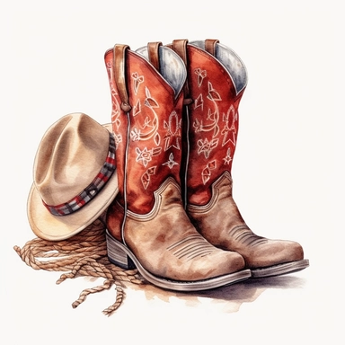 White background, Cowboy boots, clipart, Cowboy hat on shoes, pastel