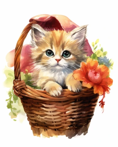 detailed watercolor Kitten in basket with cap , realistic, isolated on a white background, clipart